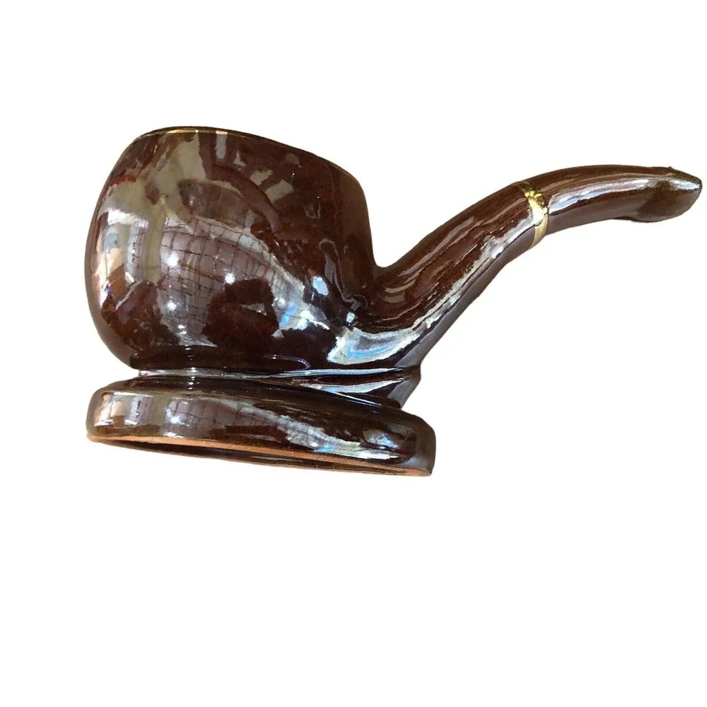Ceramics Large Pipe Brown Glaze Oversized Pipe Sculpture Ashtray Planter MCM
